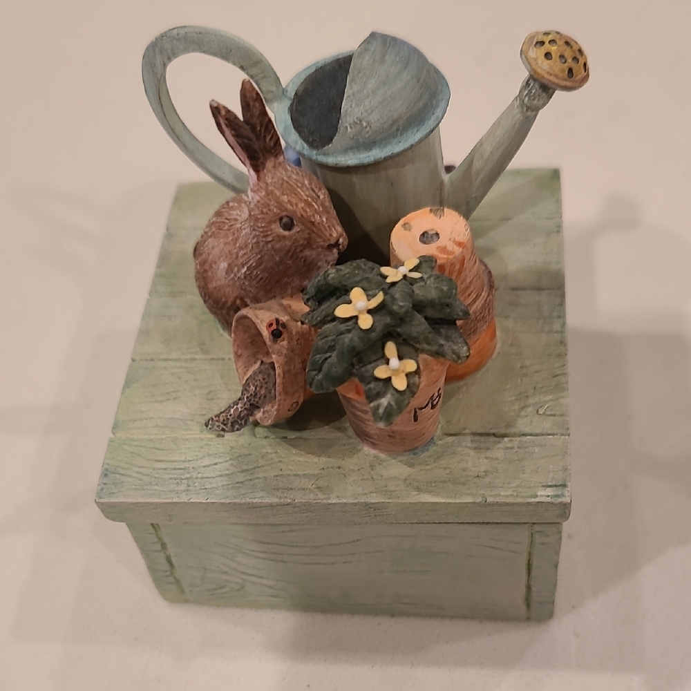 Vintage Garden Themed Trinket Box with Rabbit and Watering Can